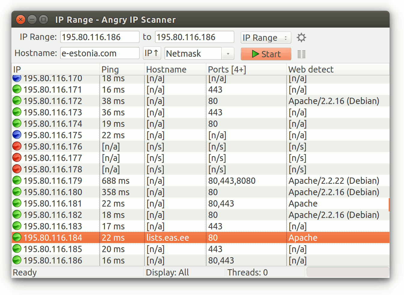 Интерфейс Angry IP Scanner в Linux Ubuntu